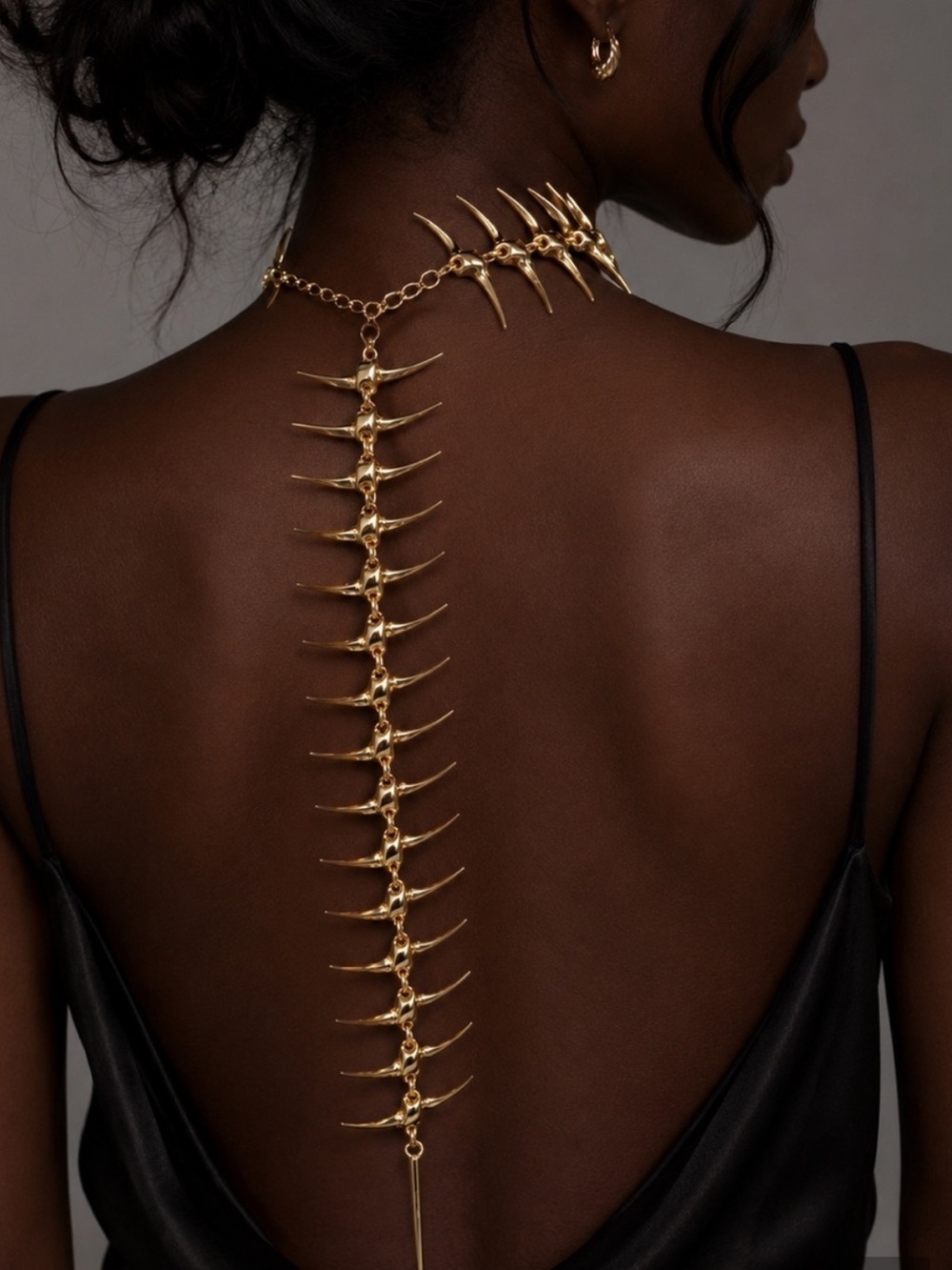 Black Backless Slip Dress with Gold Spine Chain - Picture 2 of 8